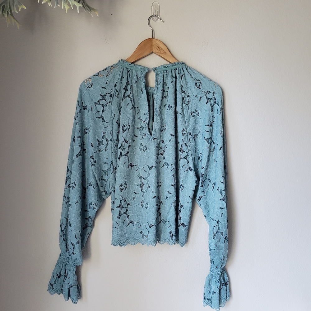 Free People | Floral Lace Scoop Neck Scalloped Hem Pirate Sleeve Blouse Top - Picture 2 of 10
